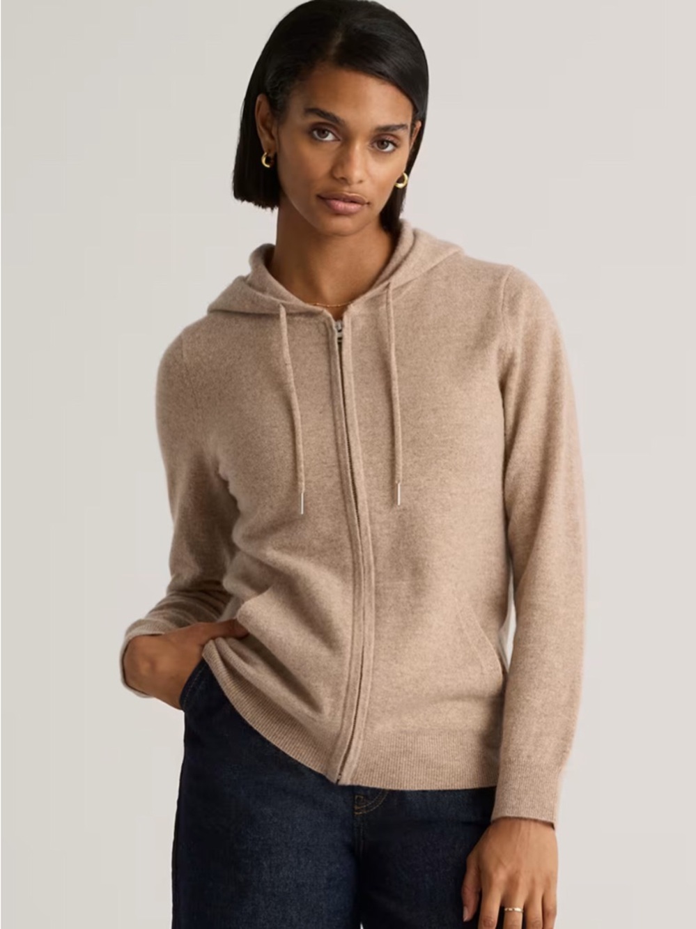 Quince Mongolian Cashmere Full Zip Hoodie in Oatmeal